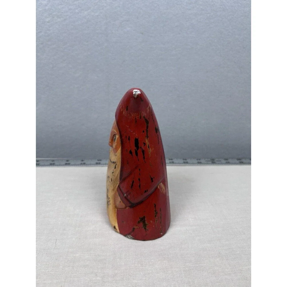 Primitive FolkArt Wooden Carved Santa Claus Gnome Shape Hand Painted. 6 X 3 in.